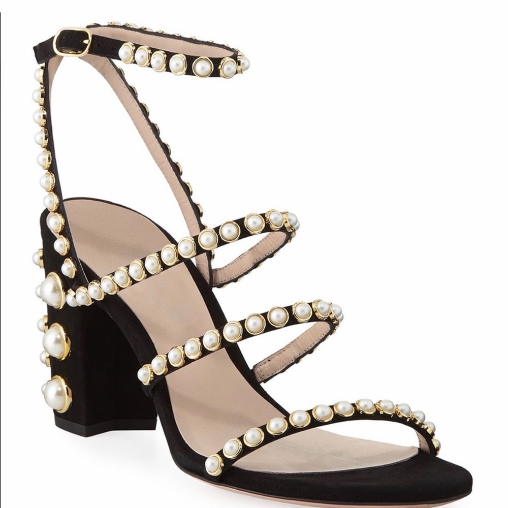 Stuart Weitzman Peridot Pearly Embellish Block Heel Sandal 7